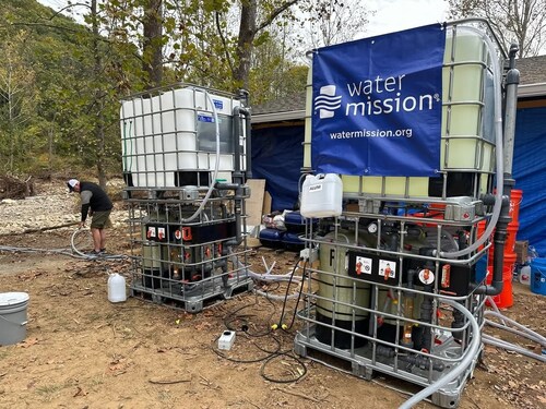 Renogy solar equipment powering water supply in disaster area.