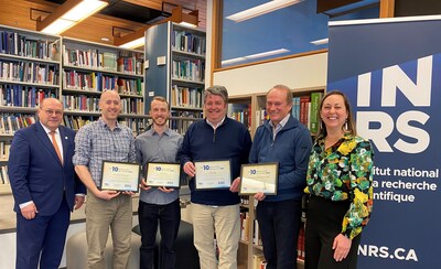 Luc-Alain Giraldeau (Chief Executive Officer, INRS) and the winning team Tanner Connell (MUHC), Simon Vallières (INRS), François Légaré (INRS), Steve MacLean (IPL), and Isabelle Delisle (Scientific Director, INRS). (Credit: INRS) (CNW Group/Institut National de la recherche scientifique (INRS))