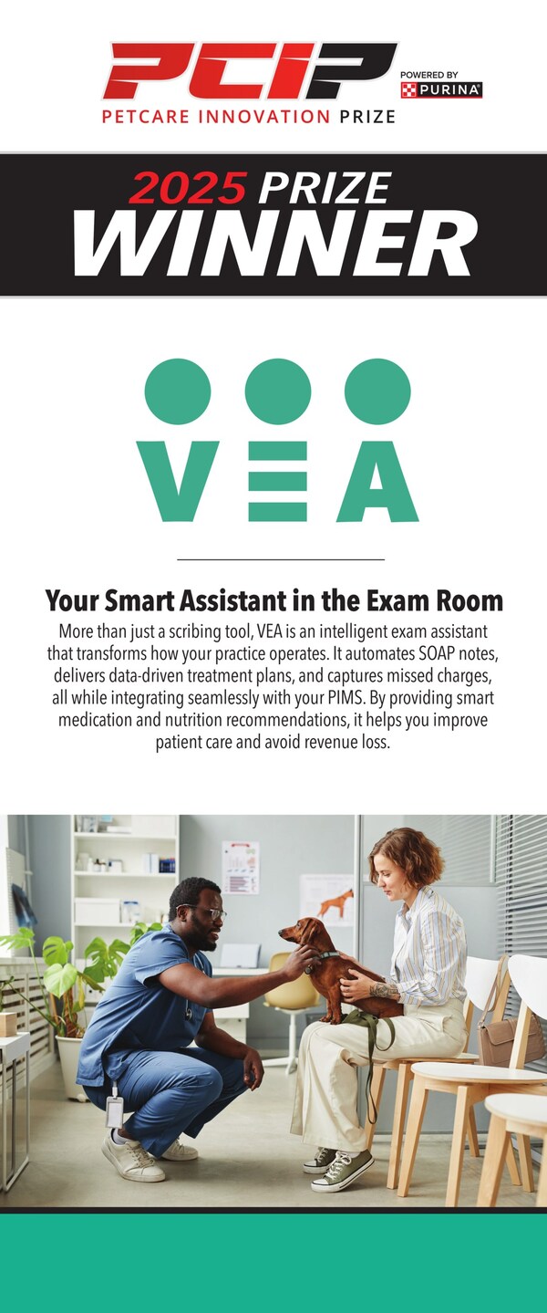 Purina Pet Care Innovation Prize Grand Prize Winner VEA, an AI-driven intelligent veterinary exam assistant, was chosen as the 2025 Purina Pet Care Innovation Prize Grand Prize Winner after a pitch competition at Global Pet Expo, the biggest pet care industry trade show in the country.