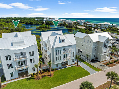 The two Santa Rosa Beach properties at 58 Woodward Drive (left, with arrow) and 62 Woodward Drive (middle, with arrow) are being offered via “High Bidder’s Choice,” meaning the auction’s high bidder can apply its winning bid to its choice of either property. Both homes were completed in 2024, and were designed to function as private residences or vacation rental assets. 30ALuxuryAuction.com.