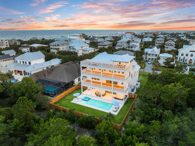 Situated just a short stroll from the ocean in Inlet Beach, the property at 100 Brenda Lane was recently completed in 2024. The tri-level home offers +5,700 sf of living space, with 7 beds and 7.5 baths. There is also a rooftop terrace providing 360-degree views. The beachside home can sleep up to 24 guests comfortably. 30ALuxuryAuction.com.