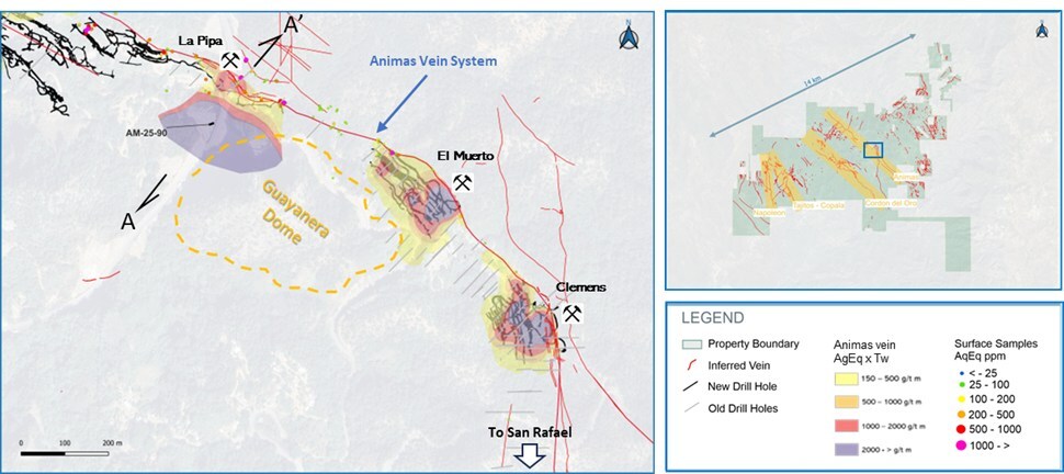 Figure 1: Plan map showing Animas Vein system and the location of hole AM-25-90. (CNW Group/Vizsla Silver Corp.) Figure 1: Plan map showing Animas Vein system and the location of hole AM-25-90. (CNW Group/Vizsla Silver Corp.)
