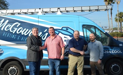 Del-Air Plumbing, Air Conditioning and Electric CEO Rick Rogers, McGowan’s Heating & Air Conditioning co-owners Mike Regula and Doug Regula, and Del-Air Chief Operating Officer Faizzy Saghir, left to right, announce Del-Air’s acquisition of the Jacksonville heating and air conditioning company.