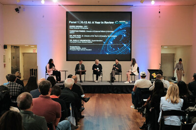 Panelists speak at a National AI Literacy Day event hosted by The Tech in San Jose, Calif.