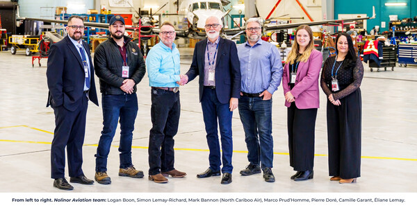 From left to right. Nolinor Aviation team: Logan Boon, Simon Lemay-Richard, Mark Bannon (North Cariboo Air), Marco Prud'Homme, Pierre Doré, Camille Garant, Éliane Lemay. (CNW Group/Nolinor Aviation)