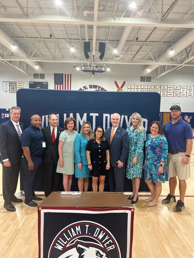 Group gathers at William T. Dwyer High School on Friday, April 4, 2025, during the launch of Nicklaus Children's Project ADAM program in the School District of Palm Beach County.
L - R: Superintendent Michael J. Burke, Dwyer High School Principal Corey Brooks, School Board Member Matthew Jay Lane, District 1, Patty McDonald, President & Chief Executive Officer, Nicklaus Children’s Health Care Foundation, School Board Member Virginia Savietto, District 2, Melissa Olen, APRN, Nicklaus Children’s Hospital Heart Institute, Matthew A. Love, President and CEO of Nicklaus Children's Health System, School Board Member Erica Whitfield, District 4, School Board Member Gloria Branch, District 5, and Nicklaus O' Leary, American former professional football player and Dwyer High School Alum.