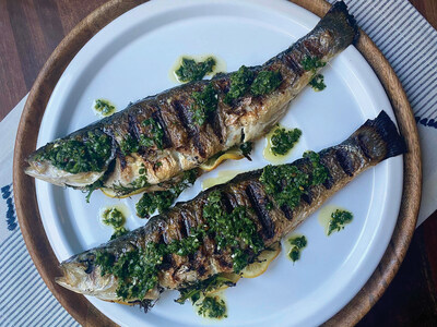 Grilled Whole Branzini with Fresh Herb Sauce