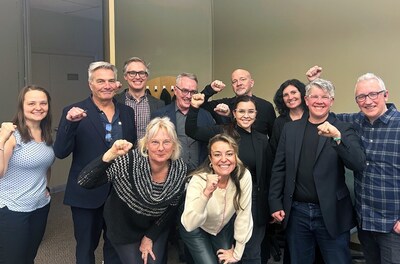 OPSEU/SEFPO leaders, including President JP Hornick, celebrate workers' victory at the Ontario Labour Relations Board this afternoon. (CNW Group/Ontario Public Service Employees Union (OPSEU))