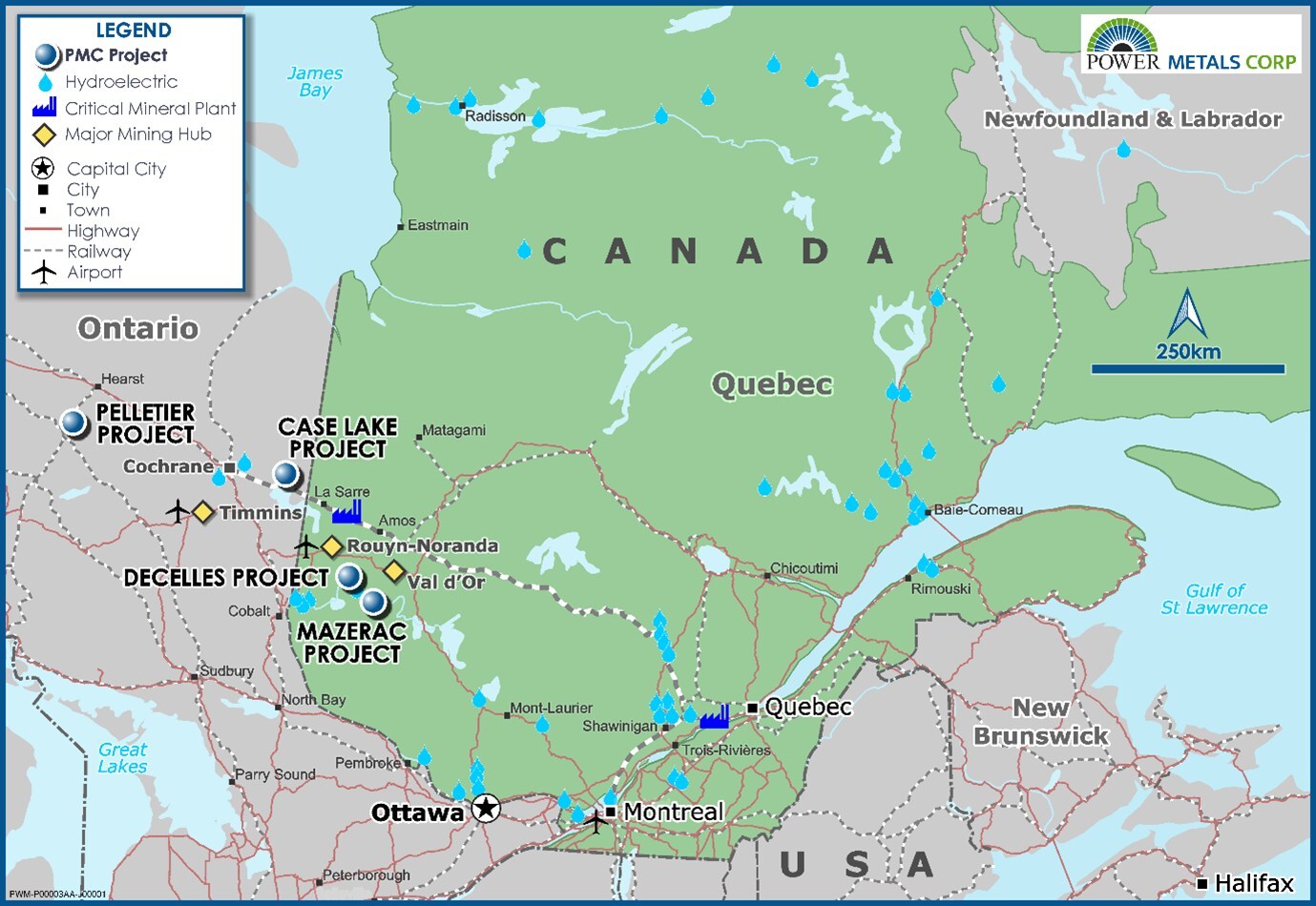 Figure 1 – Power Metals Corp Project Locations Map in Ontario and Quebec Canada (CNW Group/Power Metals Corp.) Figure 1 – Power Metals Corp Project Locations Map in Ontario and Quebec Canada (CNW Group/Power Metals Corp.)