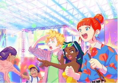 International tourists visiting the Anime Manga Tourism Festival, rended in an anime art style.