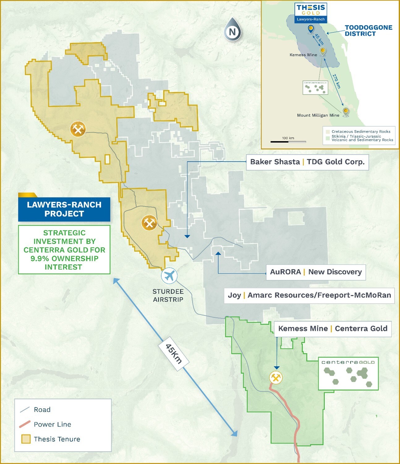 Location map of the Toodoggone District highlighting the Lawyers-Ranch Project and Kemess asset. (CNW Group/Thesis Gold Inc.)