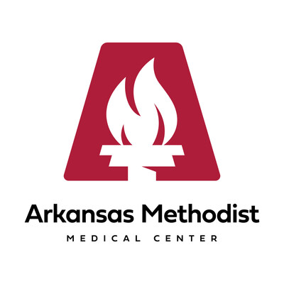 Arkansas Methodist Medical Center logo includes name below a flame in red trapezoid-shaped box Arkansas Methodist Medical Center logo includes name below a flame in red trapezoid-shaped box