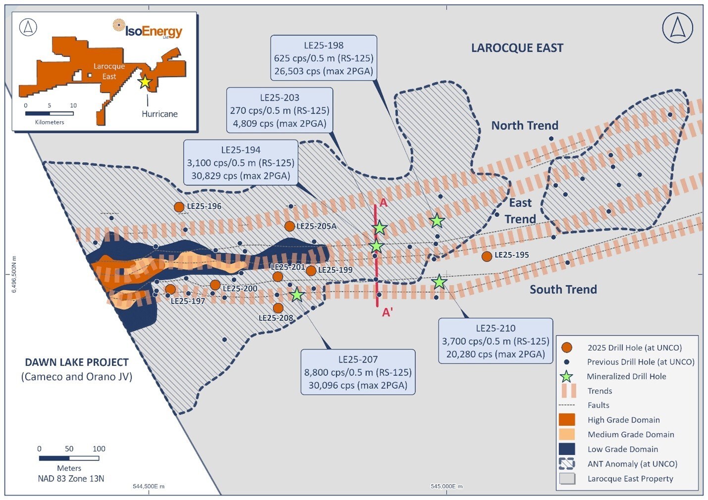 Figure 1– Location of winter 2025 drill holes with respect to the Deposit resource footprint (blue) and the ANT seismic low velocity zone in which the Deposit occurs, and projected Hurricane mineralization-controlling fault zones. RS-125 values are highest averages over 0.5 m intervals. (CNW Group/IsoEnergy Ltd.) Figure 1– Location of winter 2025 drill holes with respect to the Deposit resource footprint (blue) and the ANT seismic low velocity zone in which the Deposit occurs, and projected Hurricane mineralization-controlling fault zones. RS-125 values are highest averages over 0.5 m intervals. (CNW Group/IsoEnergy Ltd.)