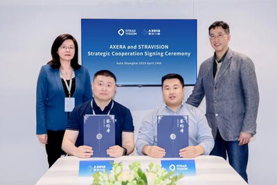 Li Hao, General Manager of the Automotive Business Unit of Axera (left front), and Frank Liu, Sales Director of STRADVISION China (right front), completed the signing on-site. Dr. Xiaoxin Qiu, Founder and Chairman of Axera (left back), and Dr. Junhwan Kim, Founder and CEO of STRADVISION (right back), witnessed the signing on-site.