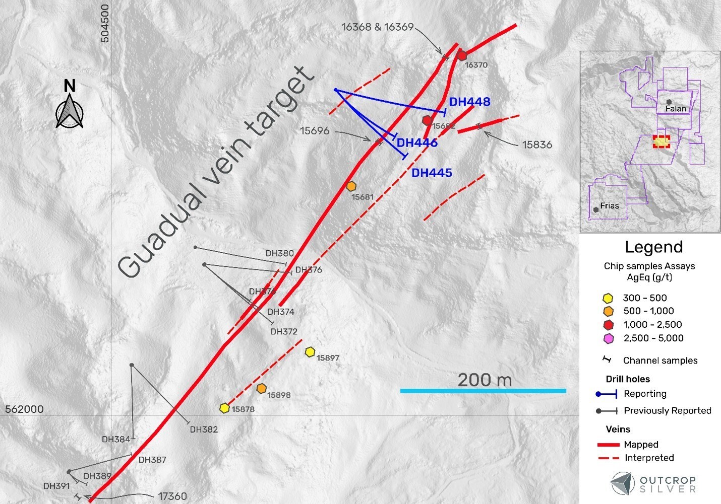 Figure 1. Plan view of the Guadual vein target showing the drill holes reported in this release (Table 1), previous drill holes, and surface exploration samples (Table 2). *. Coordinates are UTM system, Zone 18N, and WGS84 projection. (CNW Group/Outcrop Silver & Gold Corporation) Figure 1. Plan view of the Guadual vein target showing the drill holes reported in this release (Table 1), previous drill holes, and surface exploration samples (Table 2). *. Coordinates are UTM system, Zone 18N, and WGS84 projection. (CNW Group/Outcrop Silver & Gold Corporation)