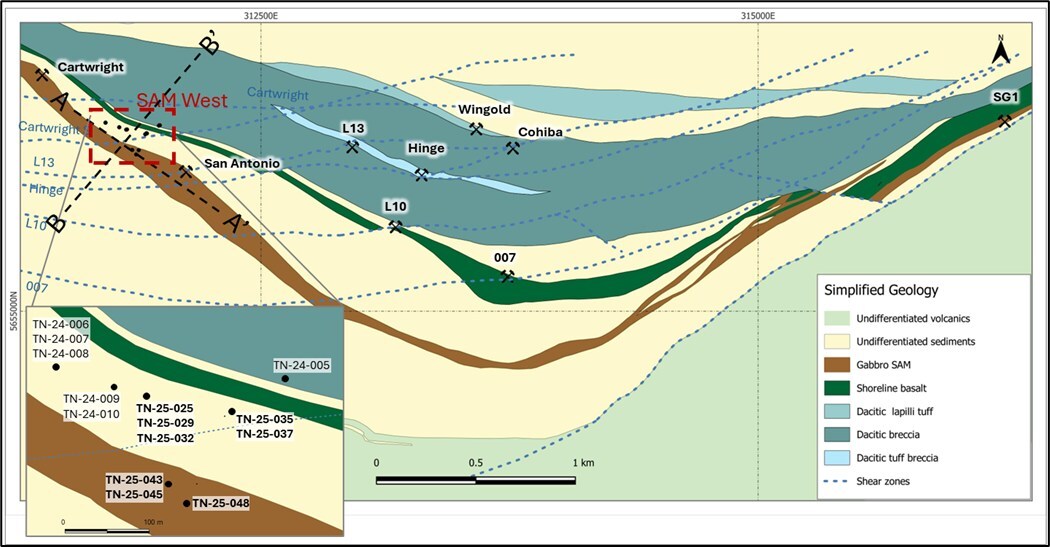 Figure 1: True North: Geology and SAM West Drill Hole Location Map. (CNW Group/1911 Gold Corporation) Figure 1: True North: Geology and SAM West Drill Hole Location Map. (CNW Group/1911 Gold Corporation)