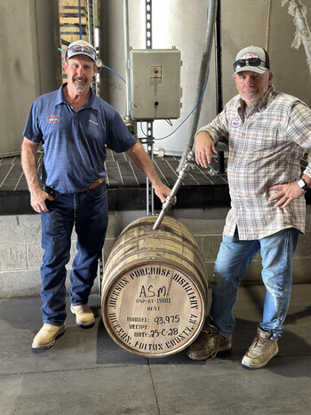 Craig Beam, Master Distiller, and Terry Ballard, Assistant Master Distiller, proudly stand beside the first barrel of American Single Malt Whiskey produced at Jackson Purchase Distillery. This milestone cask, distilled exclusively for CaskX, marks the beginning of a bold new chapter in American whiskey—crafted with tradition, aged with purpose, and offered to select investors.