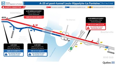 Fermetures dans le tunnel durant la fin de semaine du 2 mai (Groupe CNW/Ministère des Transports et de la Mobilité durable) Fermetures dans le tunnel durant la fin de semaine du 2 mai (Groupe CNW/Ministère des Transports et de la Mobilité durable)