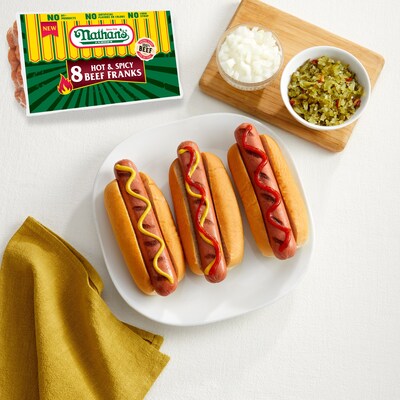 The new Nathan’s Famous Hot & Spicy Beef Frank features 100% beef bun-length franks with a bold kick of spicy pepper flavor