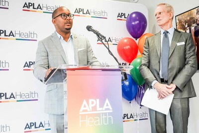 April 18, 2025. (L-R) Long Beach Mayor Rex Richardson speaks at the APLA Health Long Beach Health Center reopening ceremony with CEO Craig E. Thompson.