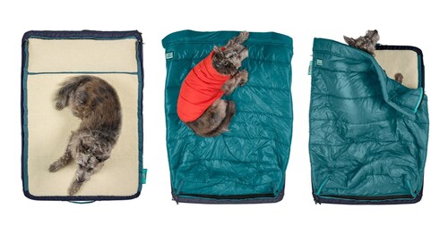 Kashi the Timberdog™ relaxes atop the RuffRest Ultimate Dog Bed® and inside the integrated, patented, 3-season sleeping bag.