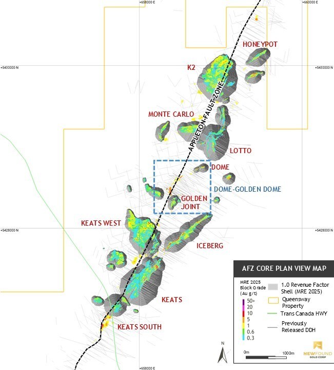 Figure 1. AFZ Core map showing the location of Dome and Golden Dome. (CNW Group/New Found Gold Corp.) Figure 1. AFZ Core map showing the location of Dome and Golden Dome. (CNW Group/New Found Gold Corp.)