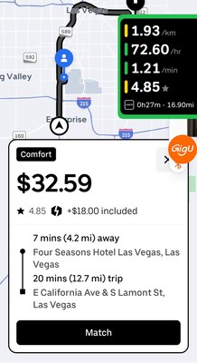 The GigU app's "Cherry Picker" feature uses a color-coded system including green for the most profitable rides. The simple color coding minimizes driver distraction on the road.