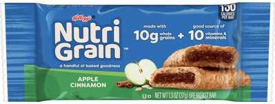 Nutri-Grain Apple Cinnamon breakfast bar, now with 10g whole grains and 10 essential vitamins and minerals.