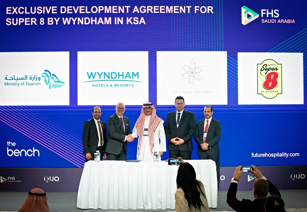 From left to right, Govind Mundra, Head of Development, Middle East & Africa, Wyndham Hotels & Resorts; Dimitris Manikis, President, EMEA, Wyndham Hotels & Resorts; Fiaz Talal Alenezi, Chief Executive Officer, Le Park Concord Company; Mohamad Haj Hassan, Country Head Kingdom of Saudi Arabia, Wyndham Hotels & Resorts; and Ehab Abu Isba, Chief Financial Officer, Le Park Concord Company. From left to right, Govind Mundra, Head of Development, Middle East & Africa, Wyndham Hotels & Resorts; Dimitris Manikis, President, EMEA, Wyndham Hotels & Resorts; Fiaz Talal Alenezi, Chief Executive Officer, Le Park Concord Company; Mohamad Haj Hassan, Country Head Kingdom of Saudi Arabia, Wyndham Hotels & Resorts; and Ehab Abu Isba, Chief Financial Officer, Le Park Concord Company.