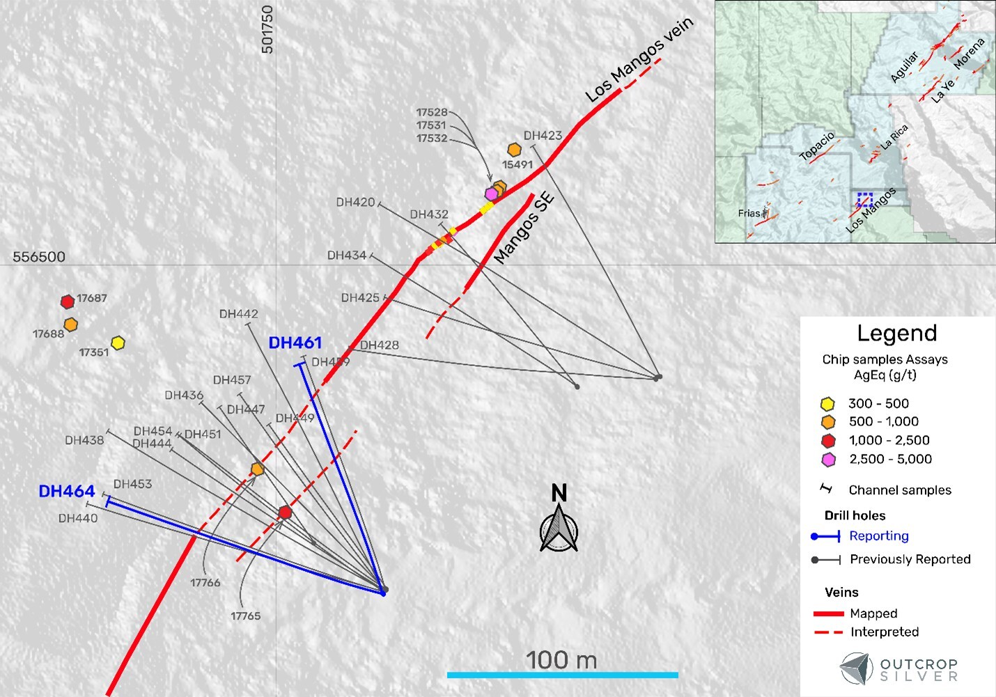 Figure 1. The plan view of the Los Mangos vein target shows the drill holes reported in this release (Table 1), previously reported holes, and surface exploration samples (Table 3). Coordinates are UTM system, zone 18N and WGS84 projection. (CNW Group/Outcrop Silver & Gold Corporation) Figure 1. The plan view of the Los Mangos vein target shows the drill holes reported in this release (Table 1), previously reported holes, and surface exploration samples (Table 3). Coordinates are UTM system, zone 18N and WGS84 projection. (CNW Group/Outcrop Silver & Gold Corporation)