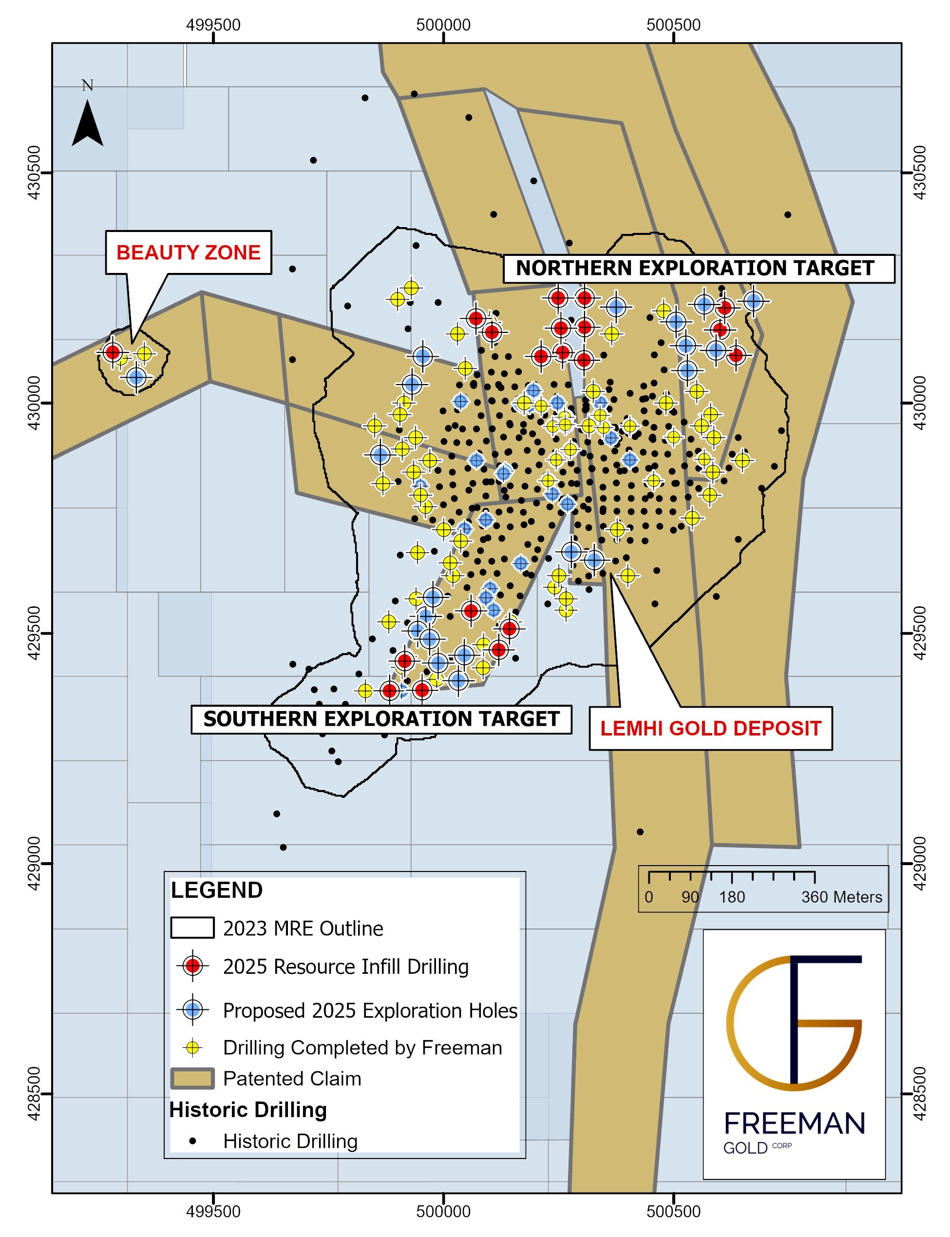 Figure 1: Map of Lemhi Project showing Infill and potential exploration holes for 2025 drill program. Note that the majority of the 2023 MRE and Beauty Zone lie within Patented claims. (CNW Group/Freeman Gold Corp.) Figure 1: Map of Lemhi Project showing Infill and potential exploration holes for 2025 drill program. Note that the majority of the 2023 MRE and Beauty Zone lie within Patented claims. (CNW Group/Freeman Gold Corp.)