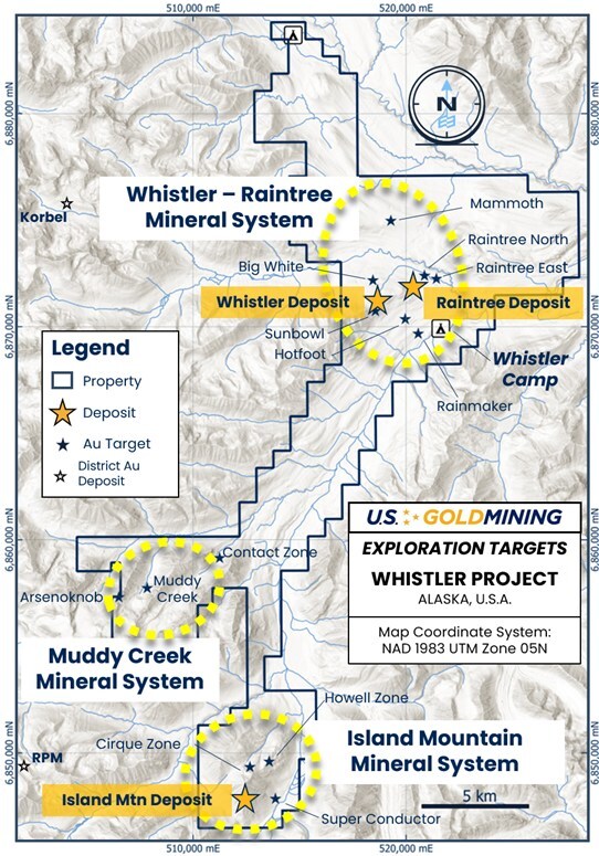 Figure 1 The Whistler Project, containing three gold ± copper ± silver mineral systems: Whistler - Raintree which contains the existing Whistler and Raintree deposits, Island Mountain which contains the namesake gold deposit and several additional undrilled targets, and Muddy Creek which contains potential for discovery of an intrusive related gold system. (CNW Group/U.S. GoldMining Inc.) Figure 1 The Whistler Project, containing three gold ± copper ± silver mineral systems: Whistler - Raintree which contains the existing Whistler and Raintree deposits, Island Mountain which contains the namesake gold deposit and several additional undrilled targets, and Muddy Creek which contains potential for discovery of an intrusive related gold system. (CNW Group/U.S. GoldMining Inc.)