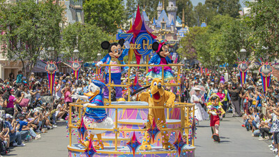 Disneyland Resort 70th Celebration Begins May 16, 2025 - “The Celebrate Happy Cavalcade”: Dressed in their new 70th attire, Mickey Mouse and his pals make their way down the parade route in “The Celebrate Happy Cavalcade” at Disneyland Park in Anaheim, Calif. This limited-time offering debuts May 16, 2025, during the Disneyland Resort 70th Celebration. (Christian Thompson/Disneyland Resort)