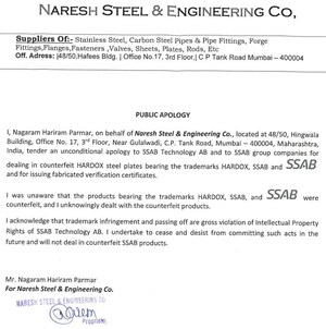 स्टील निर्माता SSAB, Hardox® वियर प्लेट के निर्माता, ने भारत में ट्रेडमार्क उल्लंघन पर नकेल कसी