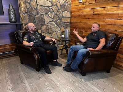 Buddy Hull and Matt Hagan during the filming of Talkin' Funny Cars with Buddy Hull. Photo Credit: Werner G+E