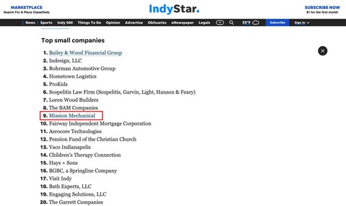 Mission Mechanical Recognized as a 2025 Top Workplace in Central Indiana