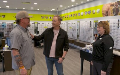 Air Force veteran Matt Kosto (left) with Military Makeover with Montel host Art Edmonds (middle), and Eyemart Express district manager Michelle Judd (right) at Eyemart Express.