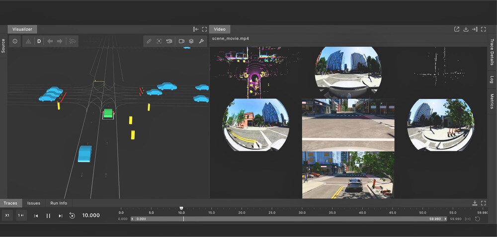 Foretellix's Foretify software visualizing an intersection scenario, integrating multi-sensor simulated camera views and 3D scenario animations for scalable, efficient, and safe testing of AI-powered autonomous vehicle stacks. (PRNewsfoto/Foretellix)