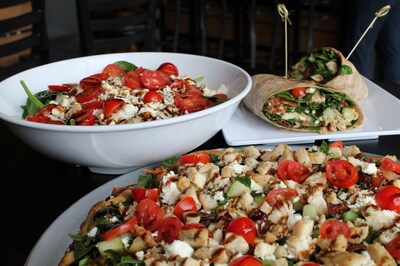 Riko’s new full-time salad menu format, offering any signature salad in a bowl, on a pie, or in a whole wheat wrap.