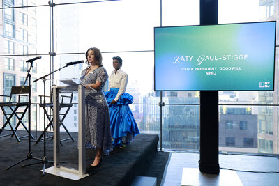 Goodwill NYNJ CEO, Katy Gaul-Stigge, acknowledging this year's Goodwill Gala honorees Brian Fetherstonhaugh and Synoptek.