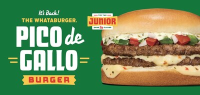 Whataburger’s Pico de Gallo Burger on a forest green background, featuring a beef patty topped with fresh pico de gallo, creamy cilantro lime sauce, and pepper jack cheese on a toasted bun.