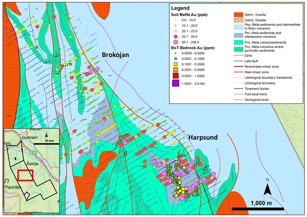 Figure 1: Harpsund/Brokojan target area showing results from the 2025 gold-in-till analysis and ToB/BoT drilling. (CNW Group/First Nordic Metals Corp.) Figure 1: Harpsund/Brokojan target area showing results from the 2025 gold-in-till analysis and ToB/BoT drilling. (CNW Group/First Nordic Metals Corp.)