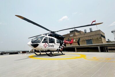 Grady Air helicopter on the helipad at Grady Memorial Hospital in Atlanta.