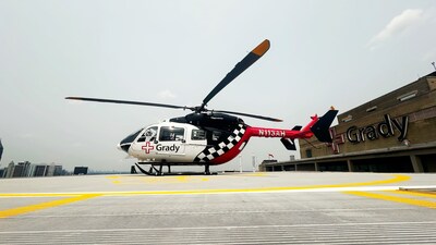 Grady Air helicopter on the helipad at Grady Memorial Hospital in Atlanta.
