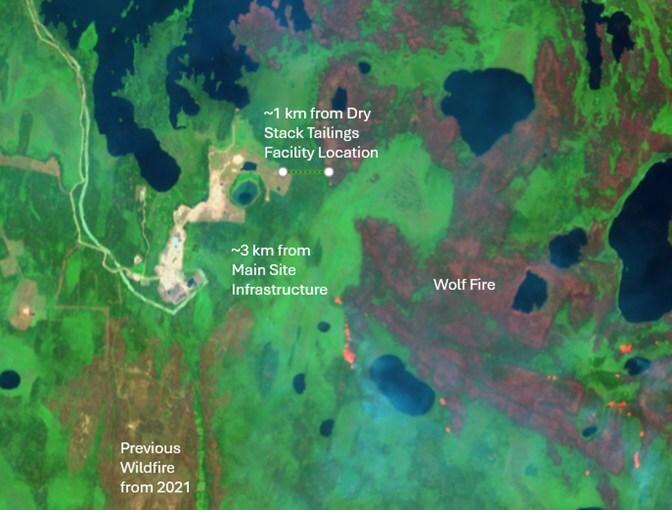 Wildfire Map – note natural barriers such as marshes and wetlands helping contain active fire edge near site. Also to note significant fire breaks around the site perimeter
Source: Copernicus Data Space Browser. (CNW Group/Foran Mining Corporation) Wildfire Map – note natural barriers such as marshes and wetlands helping contain active fire edge near site. Also to note significant fire breaks around the site perimeter
Source: Copernicus Data Space Browser. (CNW Group/Foran Mining Corporation)