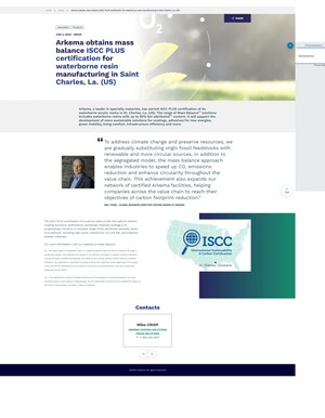 ARKEMA OBTAINS MASS BALANCE ISCC PLUS CERTIFICATION FOR WATERBORNE RESIN MANUFACTURING IN ST. CHARLES, La.