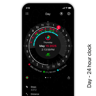 A full-day CircleTime view displaying activity as time-based arcs, revealing when movement occurred across morning, midday, and evening.