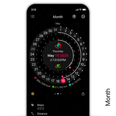 CircleTime monthly view with activity-colored highlights marking active days..