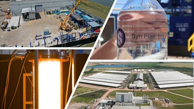 Clockwise from top left: Demonstration plant enabling the project; fuel produced via Fischer-Tropsch and Syzygy technology at RTI; project site in Uruguay; powered-on RigelTM reactor.
