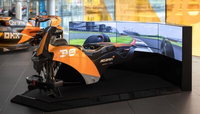 Closeup of the McLaren Racing Motion Simulator by Racing Unleashed at the McLaren Technology Center (MTC) in Woking, UK.